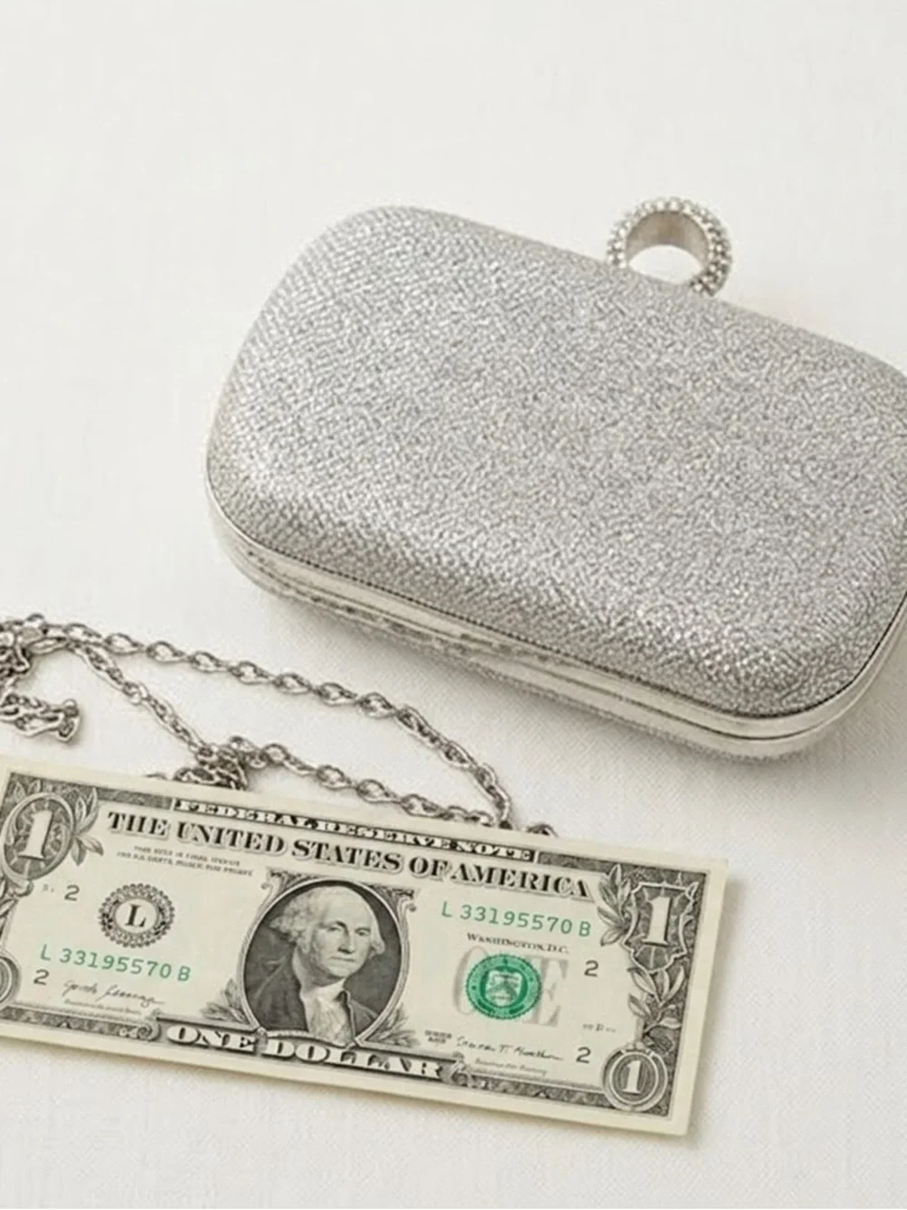 Silver Crystal-Ring Evening Clutch with Chain Strap